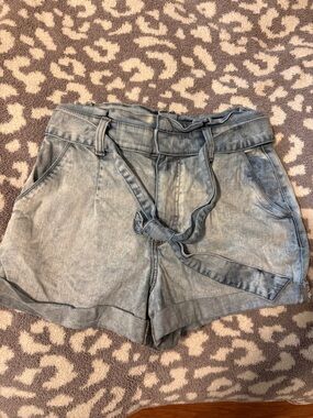 Express Light Blue Paperbag Waist Denim Shorts with Tie